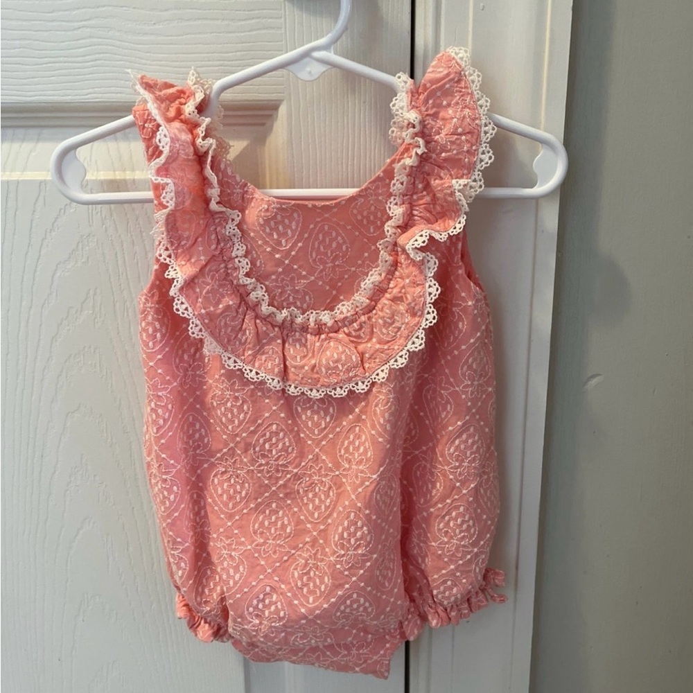 Pink Lace-Trim Strawberry Ruffled Baby Romper